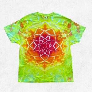 Tie Dyed Unisex T-shirt - Ice Dye Mandala - Vibrant Blue Green Red (Size XLarge)